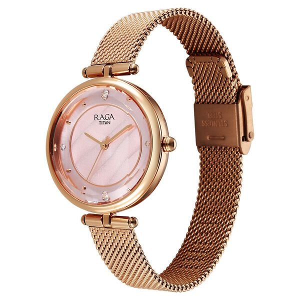 Titan Raga Showstopper Quartz Analog Pink Dial Metal Strap Watch For Women 2773wm01