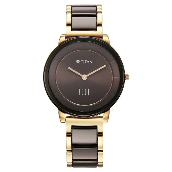 Titan Edge Melange Quartz Analog Brown Dial Rose Gold Steel & Ceramic Strap Watch For Women nu2777kd01