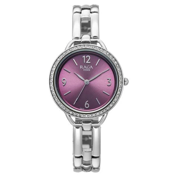 Titan Raga DEC Blaze Quartz Analog Purple Dial Silver Metal Strap Watch For Women 2791sm01