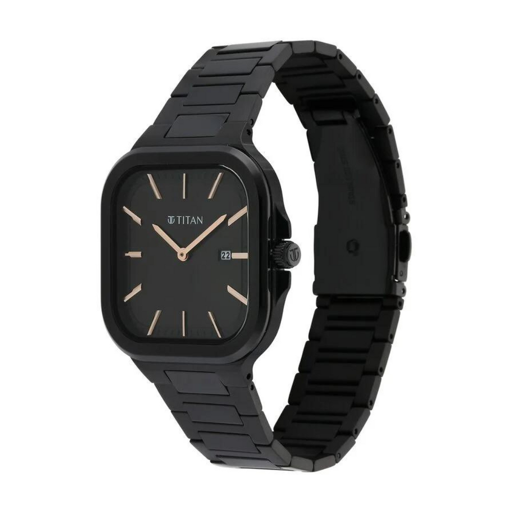 Titan Classique Slim Square Quartz Analog with Date Black Dial Stainless Steel Strap Watch for Men 90176NM01 - KRISHNA WATCH COMPANY