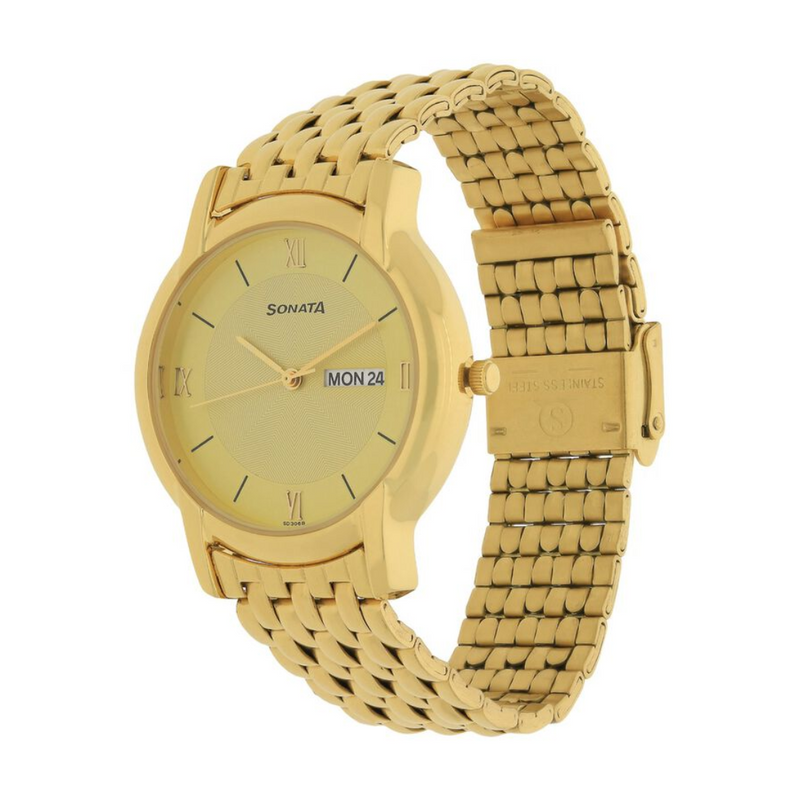 Sonata Champagne Dial Golden Metal Strap Watch - 7954YM02W