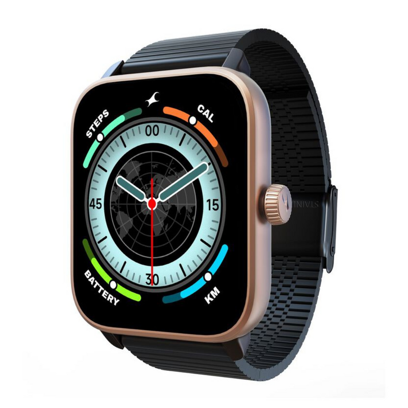 Fastrack Phantom with 1.85" Super HD Display Functional Crown BT Calling Premium Rose Gold with Black Solar Metal Smartwatch 38103AM03