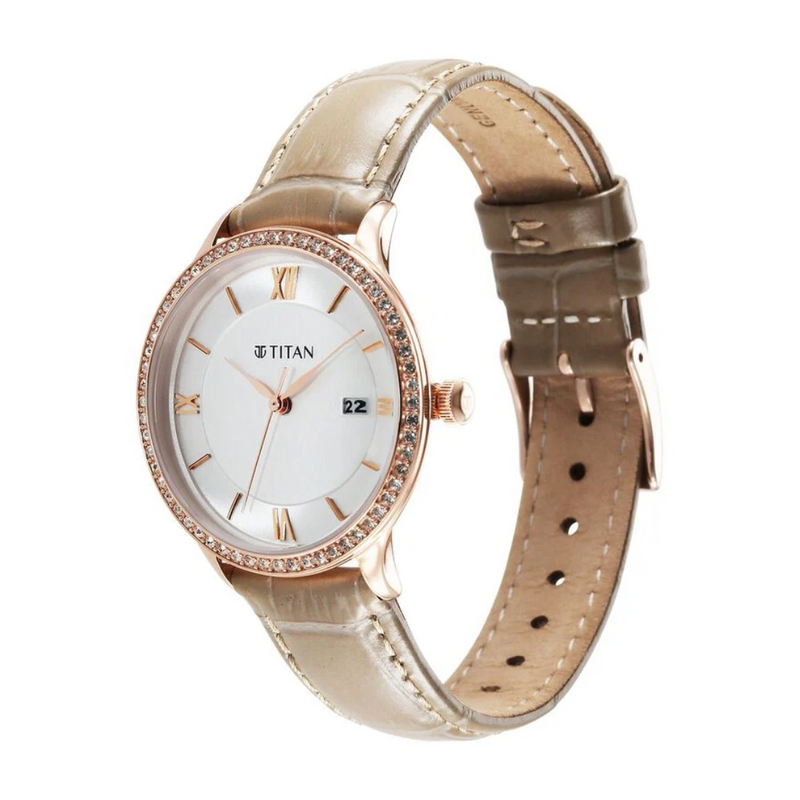 Titan Bright Leathers Silver Dial Analog with Date Leather Strap Watch for Women 95247WL04
