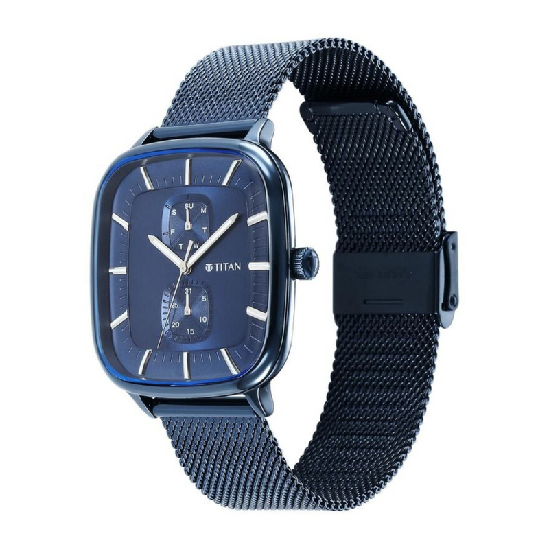 Titan Avant Garde Blue Dial Quartz Multifunction Stainless Steel Strap Watch for Men 90178QM01