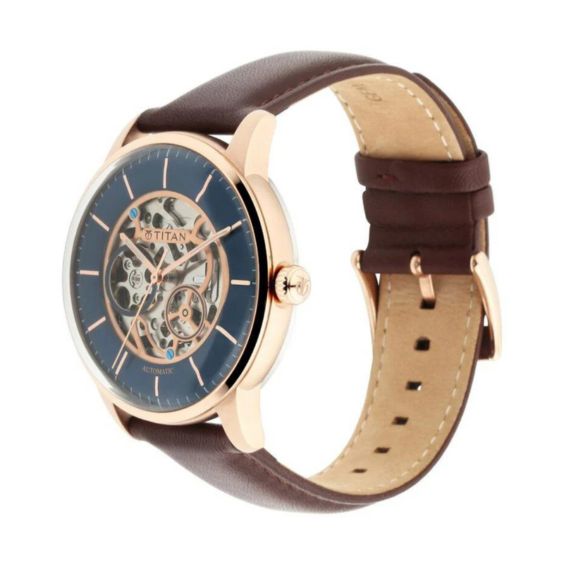 Titan Automatic Watch with Blue Dial & Brown Strap 90110WL02