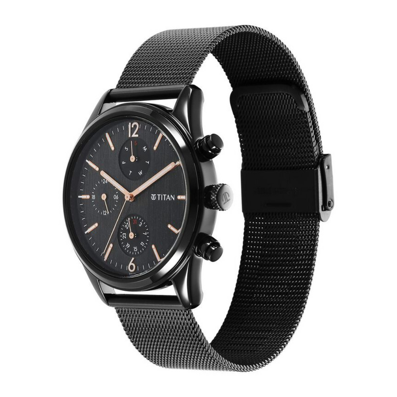Titan Neo Black & Gold Quartz Analog with Day and Date Black Dial Stainless Steel Strap Watch for Men - 1805NM05 - KRISHNA WATCH COMPANY