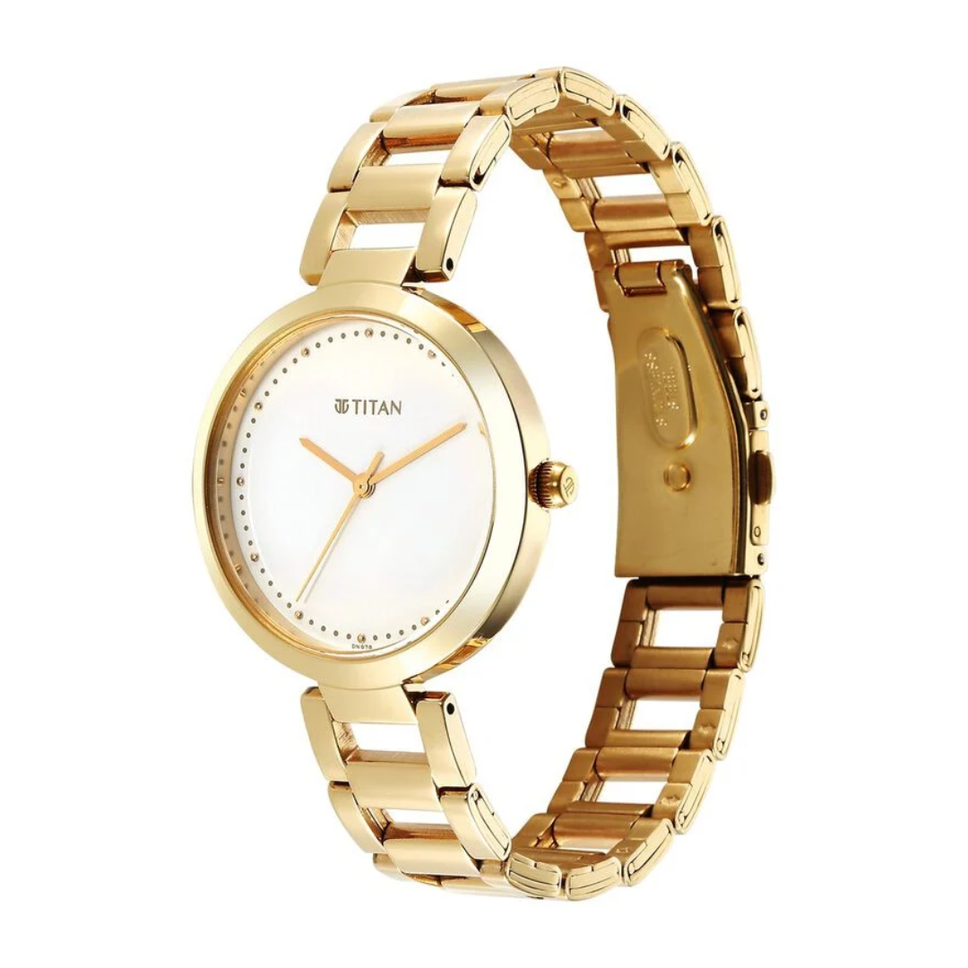 Titan Workwear Quartz Analog White Dial Golden Stainless Steel Strap Watch for Women 2480YM03
