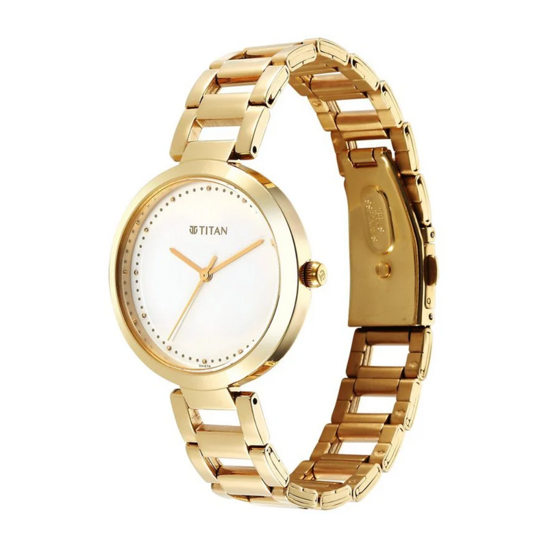 Titan Workwear Quartz Analog White Dial Golden Stainless Steel Strap Watch for Women 2480YM03 - KRISHNA WATCH COMPANY