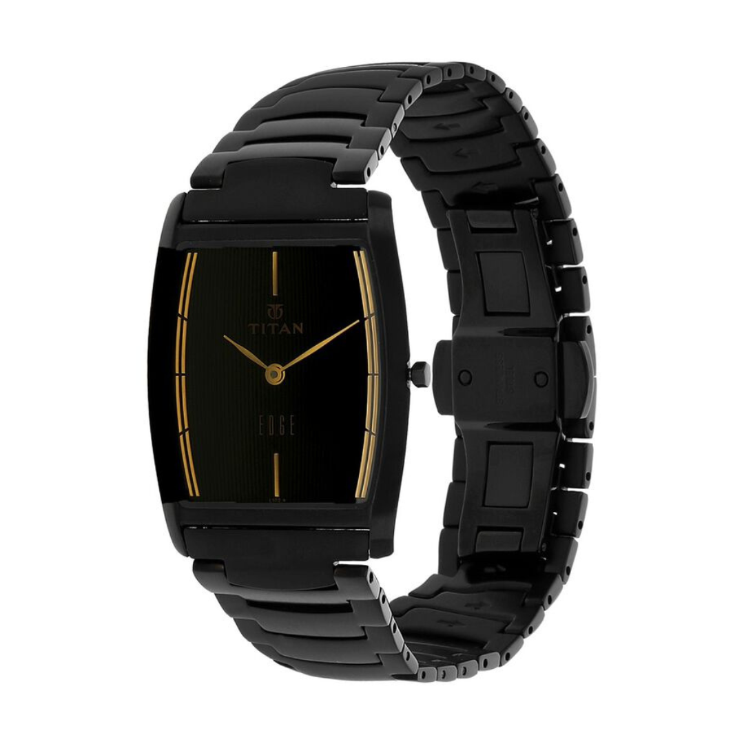 Titan Edge Black Tonneau Dial Analog Stainless Steel Strap Watch