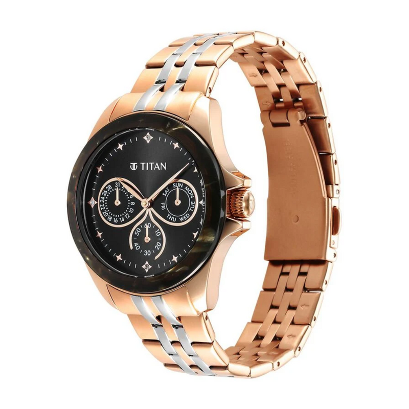 Titan Acetate Black Dial Analog with Day and Date Stainless Steel Strap Watch for Women 95186KM02