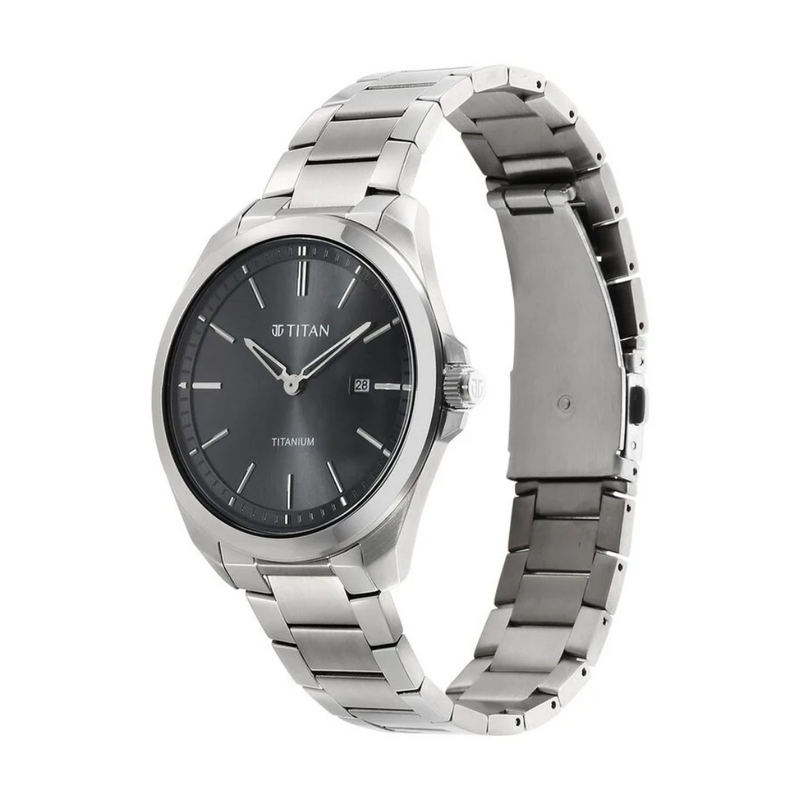 Titan Titanium Quartz Analog Black Dial Stainless Steel Strap Watch for Men 90177TM03 - KRISHNA WATCH COMPANY