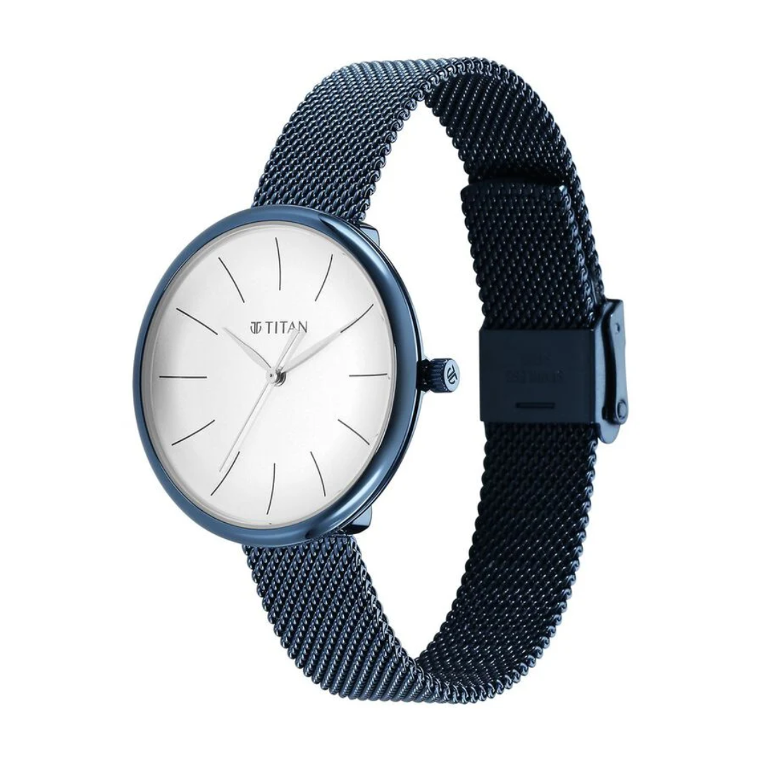 Titan Slimline Quartz Analog White Dial Blue Stainless Steel Strap Watch for Women 95182QM01