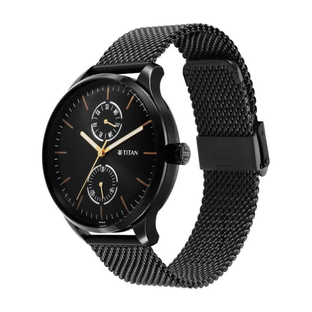 Titan Black and Gold Black Dial Analog with Day and Date Stainless Steel Strap Watch for Men 1833NM01