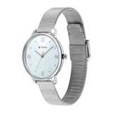 Titan Purple Style Up Quartz Analog Mother Of Pearl Dial Stainless Steel Strap Watch for Women 95238SM01