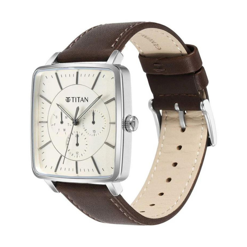 Titan Avant Garde Quartz Multifunction Silver Dial Leather Strap watch for Men 90147SL01
