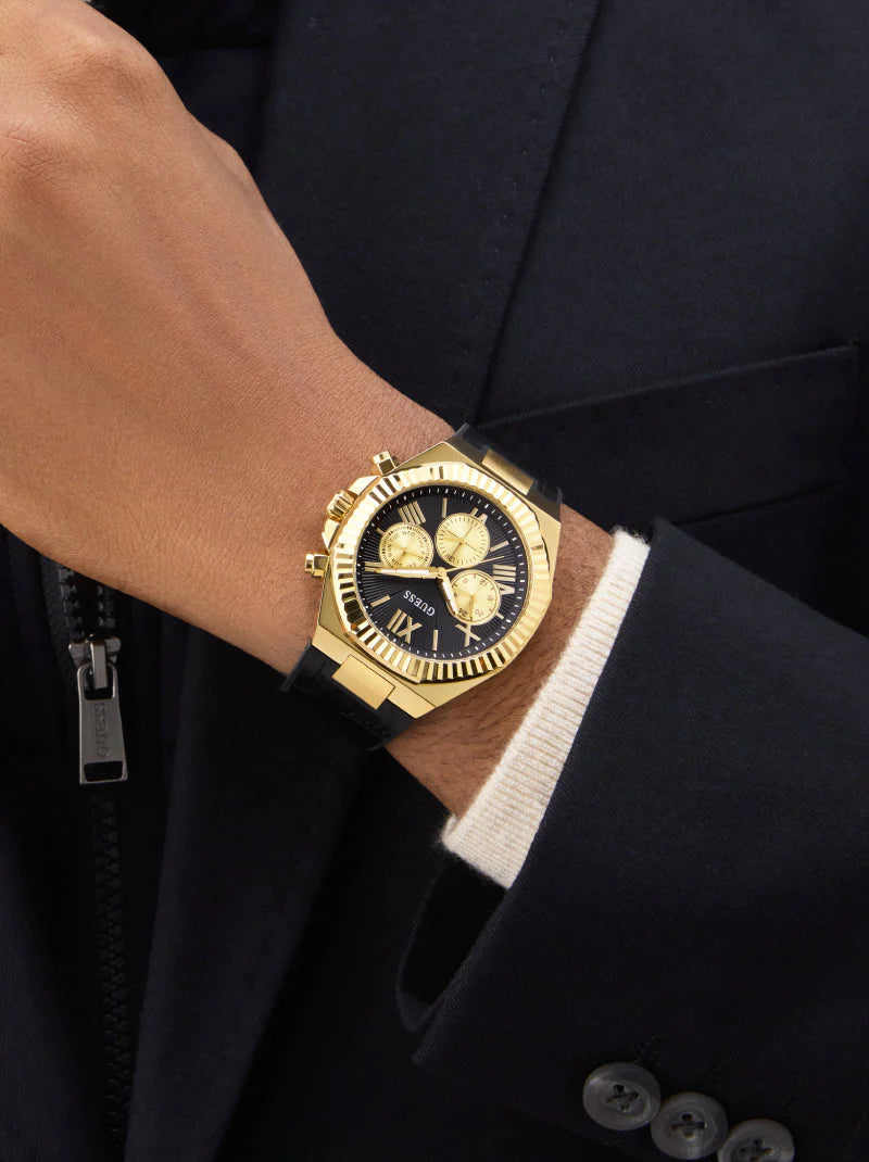 GUESS Mens Black Gold Tone Analog Watch GW0791G3