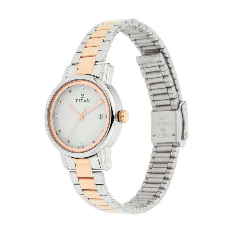 Titan Quartz Analog with Date White Dial Stainless Steel Strap Watch for Women 2572KM01 - KRISHNA WATCH COMPANY