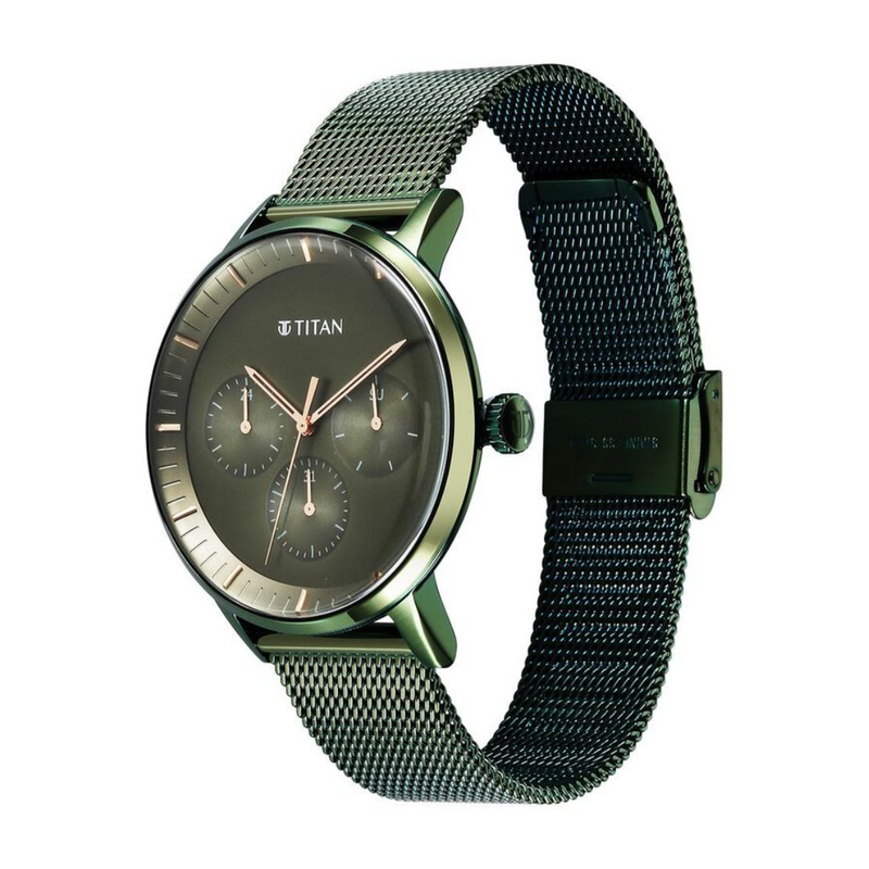 Titan Modern Classics Green Dial Quartz Multifunction Stainless Steel Strap Watch for Men 94006QM03 - KRISHNA WATCH COMPANY