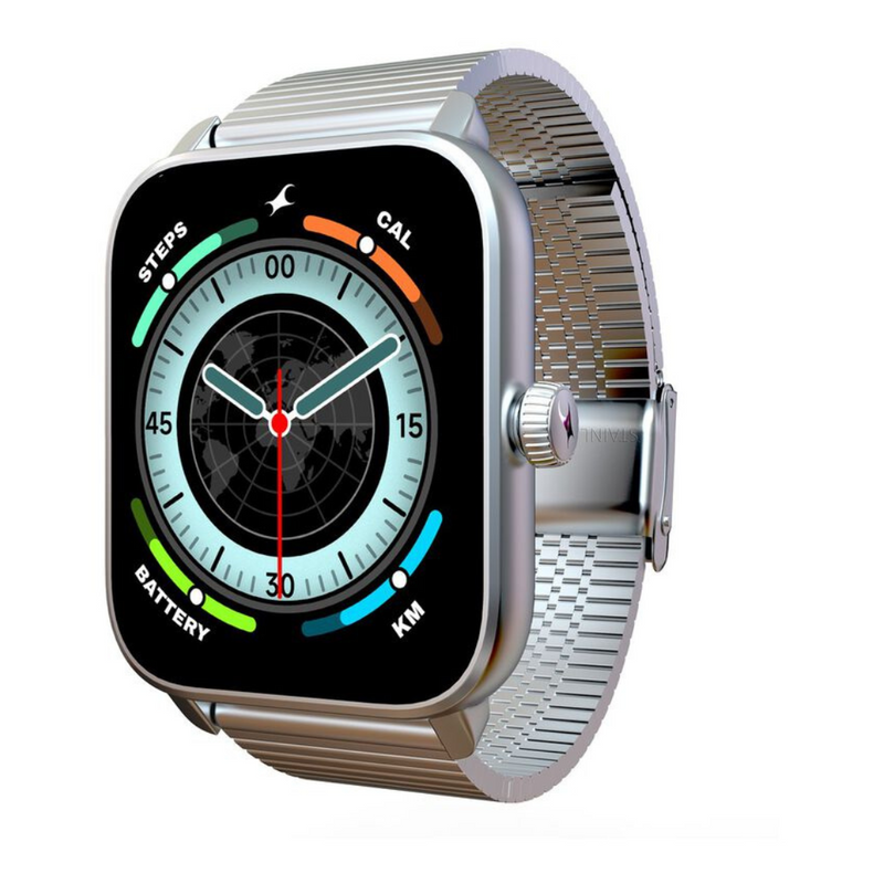 Fastrack Phantom with 1.85" Super HD Display Functional Crown BT Calling Premium Silver Solar Metal Smartwatch for Unisex 38103AM02