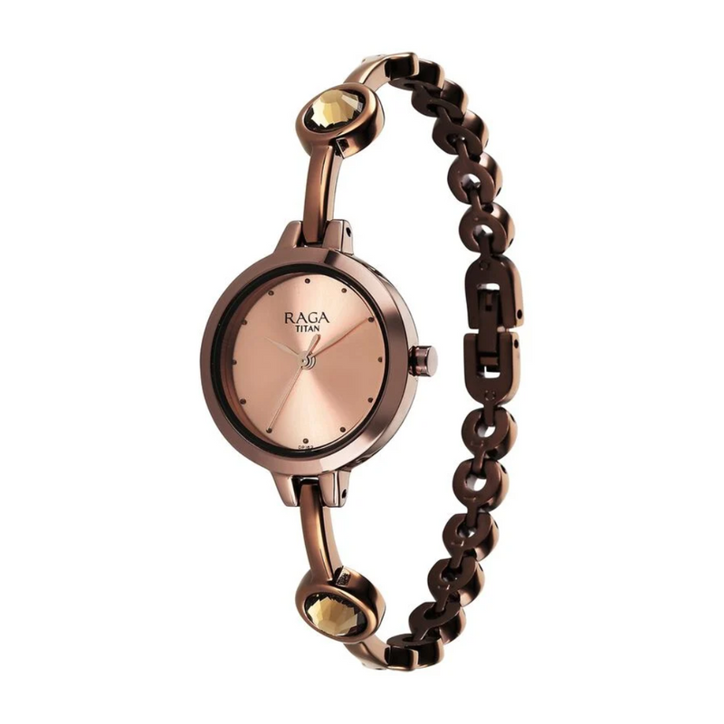 Titan Raga Viva Quartz Analog Rose Gold Dial Brown Metal Strap Watch for Women 2576QM01