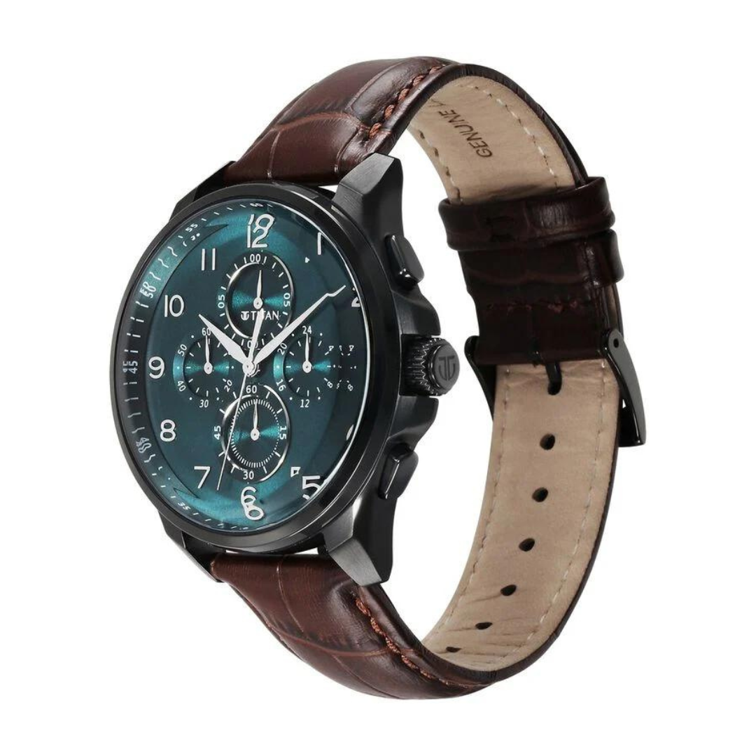 Titan Classic Chrono Blue Dial Quartz Multifunction Leather Strap watch for Men 90169NL01