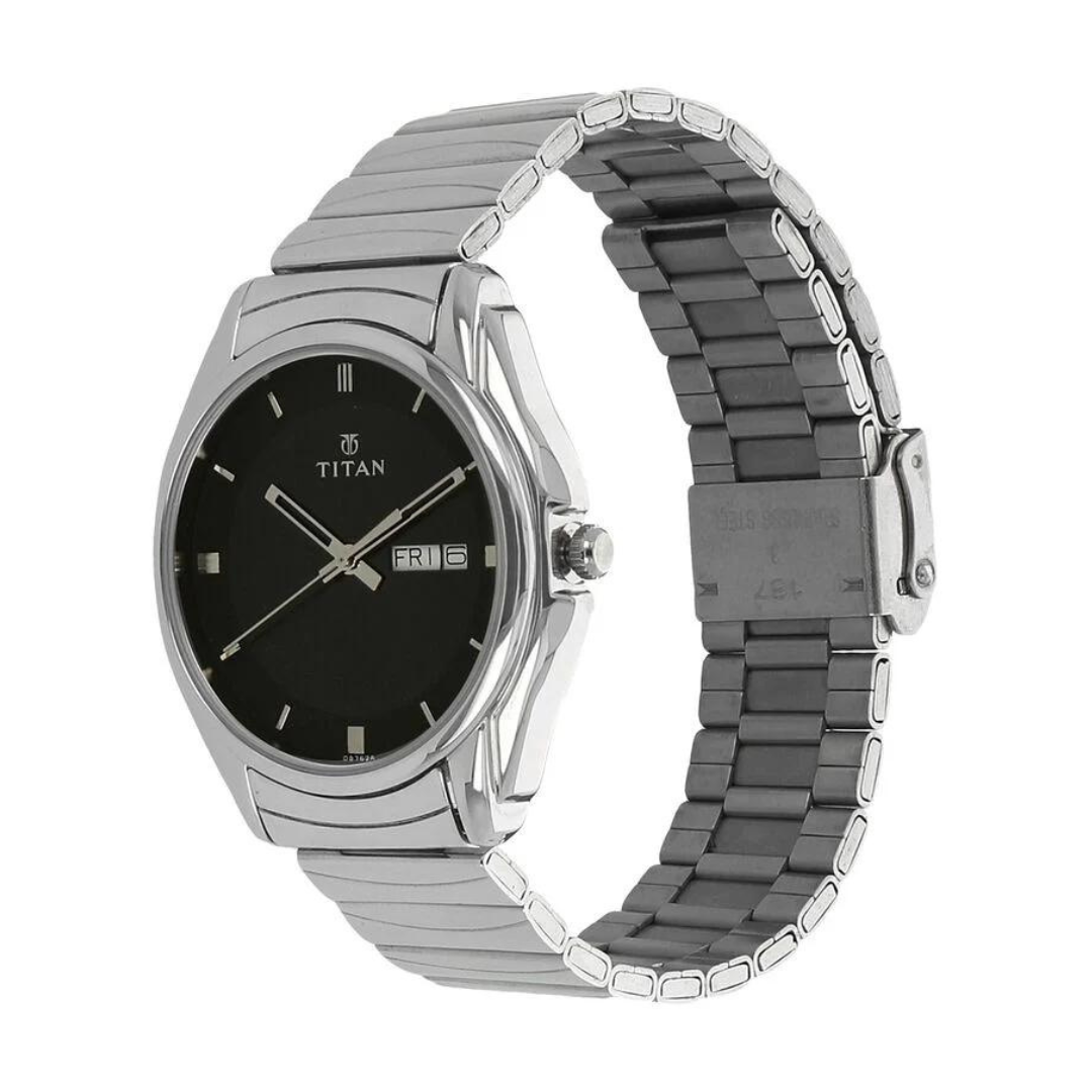 Titan Quartz Analog with Day and Date Black Dial Stainless Steel Strap Watch for Men 1578SM04