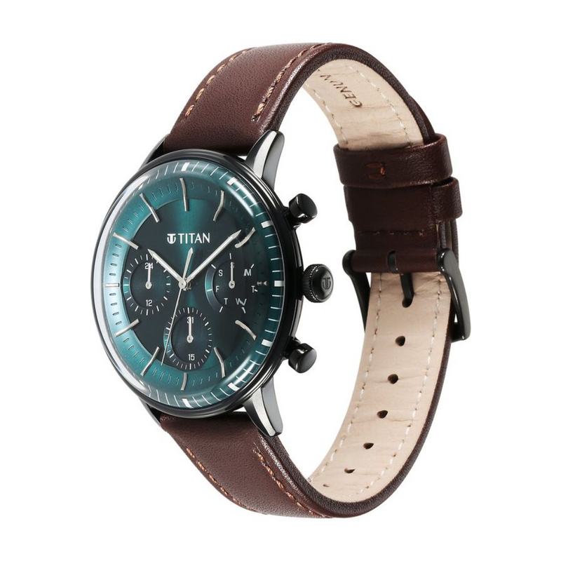 Titan Light Leathers Quartz Multifunction Black Dial Leather Strap Watch for Men 90171NL01 - KRISHNA WATCH COMPANY