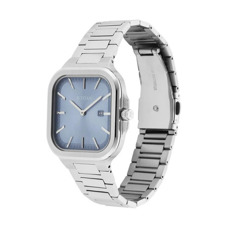 Titan Classique Slim Square Quartz Analog with Date Blue Dial Stainless Steel Strap Watch for Men 90176SM01 - KRISHNA WATCH COMPANY