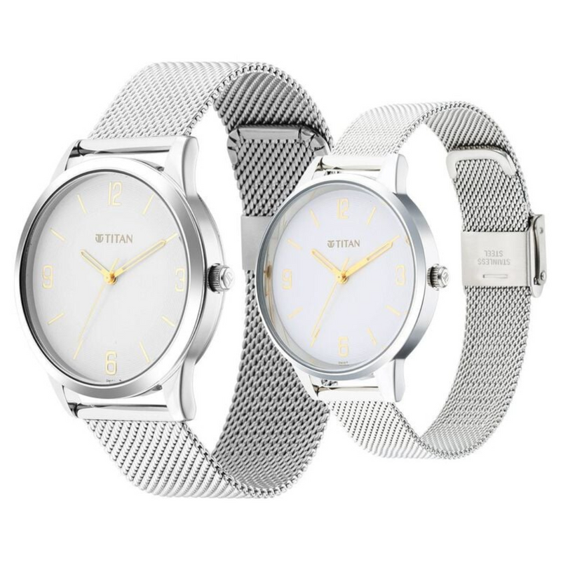 Titan Quartz Analog White Dial Stainless Steel Strap Watch for Couple - 18062648SM01