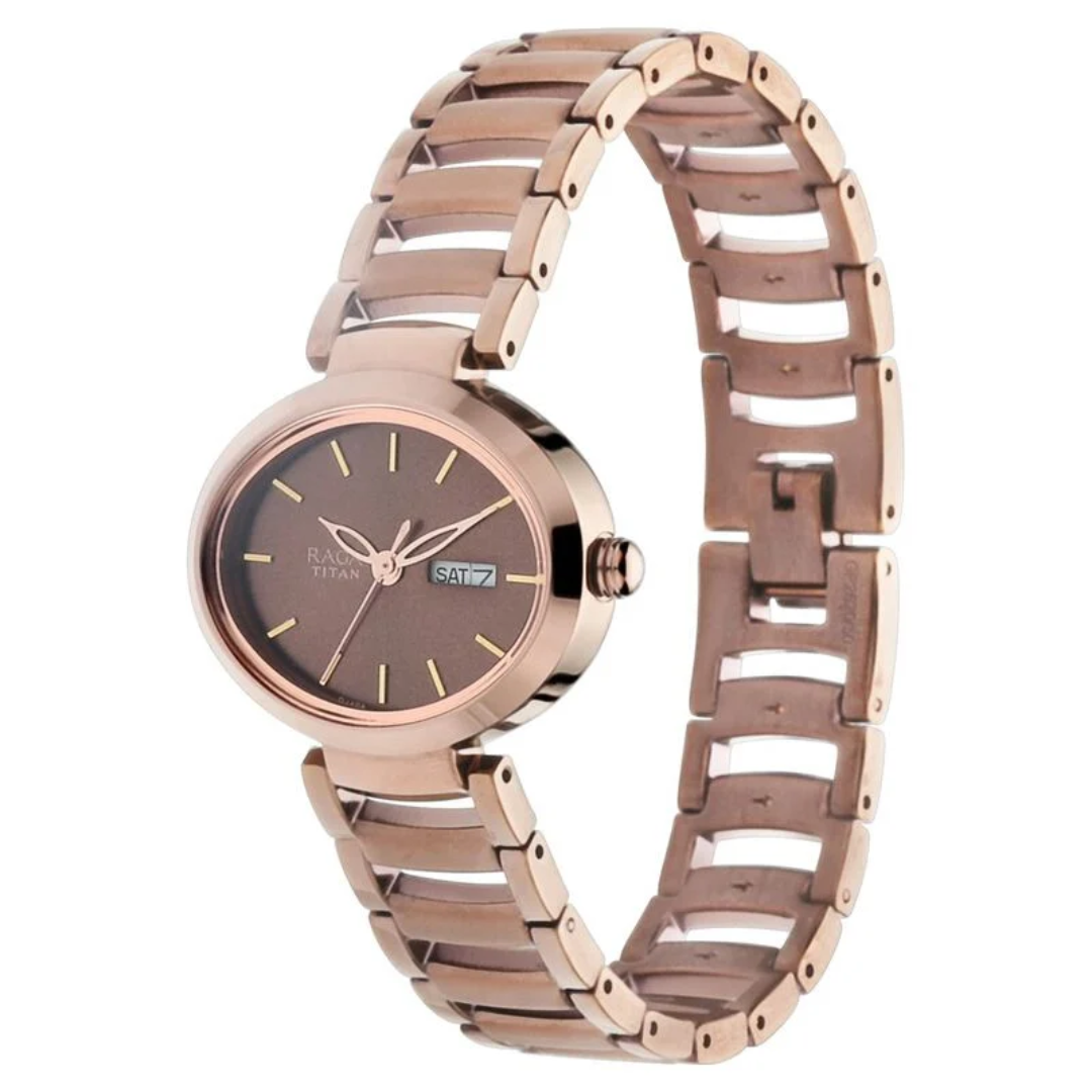 Titan Raga Viva Brown Dial Analog with Day and Date Metal Strap Watch for Women 2620QM01