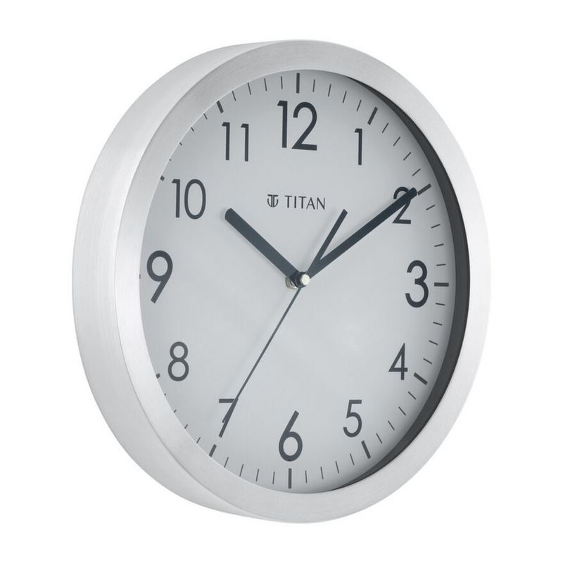 Titan Metallic Silver Wall Clock with Brushed Case - 30 cm x 30 cm (Medium) - NCW0006MA01A - KRISHNA WATCH COMPANY