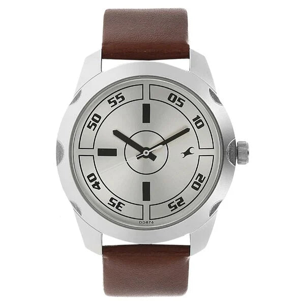 Fastrack Quartz Analog Silver Dial Leather Strap Watch for Guys - 3123SL02