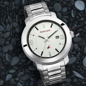 Fastrack Bare Basics Quartz Analog with Date White Dial Stainless Steel Strap Watch for Guys NS3246SM01 - KRISHNA WATCH COMPANY