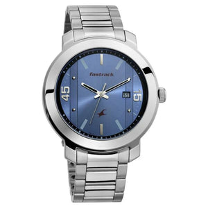 Fastrack Bare Basics Quartz Analog with Date Blue Dial Stainless Steel Strap Watch for Guys NS3246SM03 - KRISHNA WATCH COMPANY