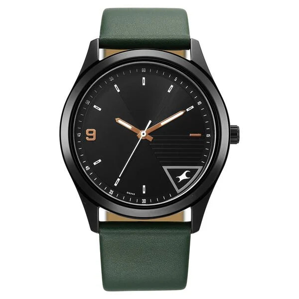 Fastrack Stunners Quartz Analog Black Dial Green Leather Strap Watch For Guys 3317nl01 - KRISHNA WATCH COMPANY