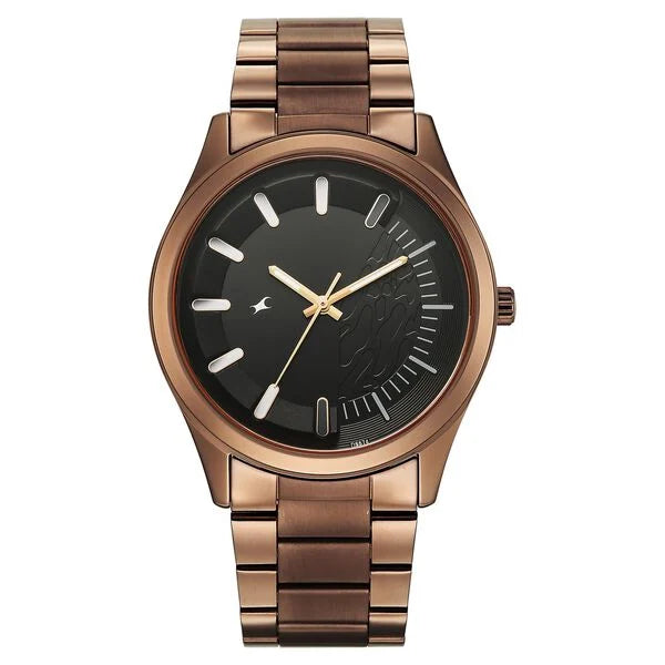 Fastrack Wild Quartz Analog Black Dial Brown Metal Strap Watch For Guys - 3317QM04