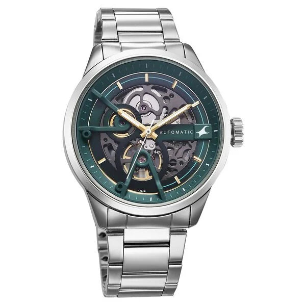 Fastrack Automatics Green Dial Silver Metal Strap Automatic Watch For Guys 3318sm01