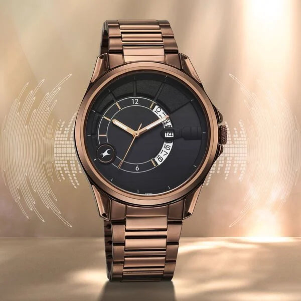 Fastrack Groove Quartz Analog with Date Black Dial Brown Stainless Steel Strap Watch For Guys 3323qm01