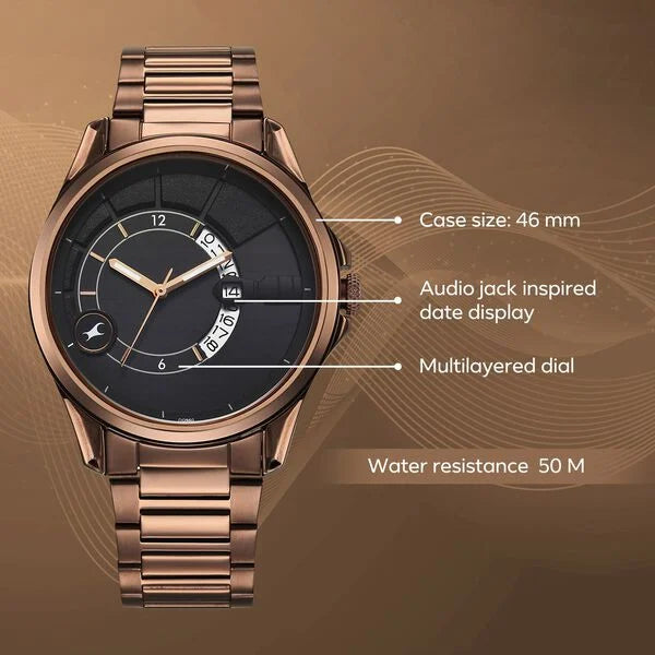 Fastrack Groove Quartz Analog with Date Black Dial Brown Stainless Steel Strap Watch For Guys 3323qm01