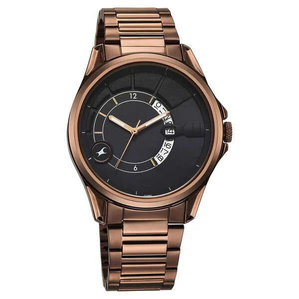 Fastrack Groove Quartz Analog with Date Black Dial Brown Stainless Steel Strap Watch For Guys 3323qm01