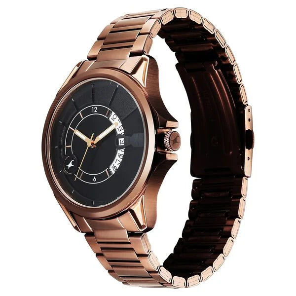 Fastrack Groove Quartz Analog with Date Black Dial Brown Stainless Steel Strap Watch For Guys 3323qm01