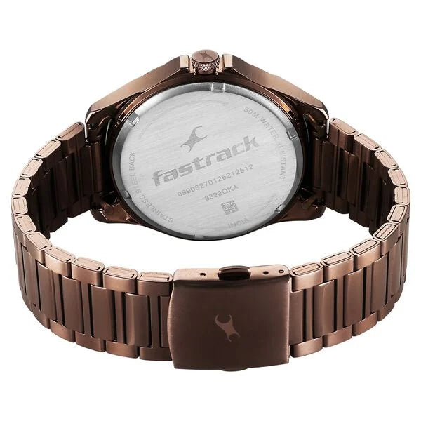 Fastrack Groove Quartz Analog with Date Black Dial Brown Stainless Steel Strap Watch For Guys 3323qm01
