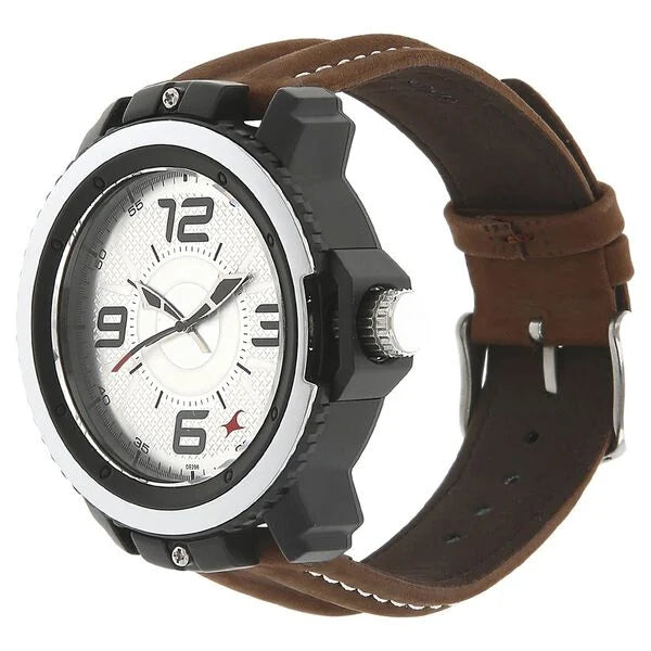 Fastrack Quartz Analog Silver Dial Leather Strap Watch for Guys 38017pl02