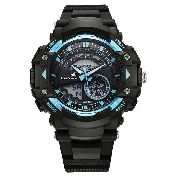 Fastrack StreetStyle Quartz Digital Black And Blue Dial Black PU Strap Unisex Watch 38097pp01w