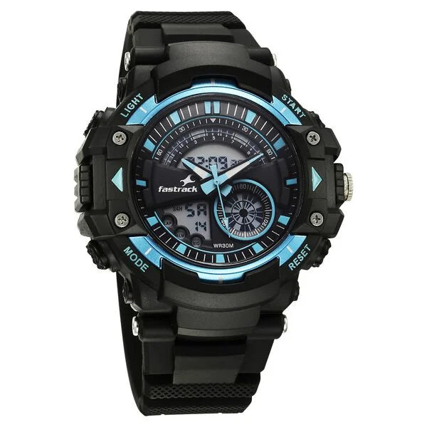 Fastrack StreetStyle Quartz Digital Black And Blue Dial Black PU Strap Unisex Watch 38097pp01w