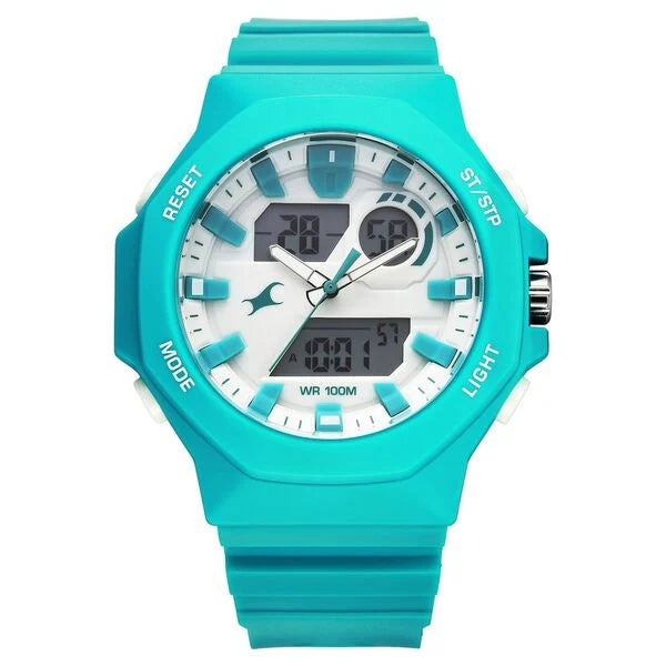 Fastrack Streetstyle Silver Dial Teal PU Strap Watch For Guys 38171pp02