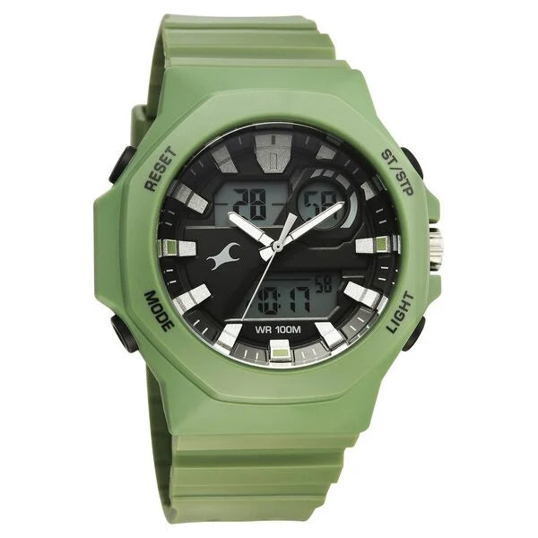Fastrack Streetstyle Quartz Digital Black Dial Green PU Strap Watch For Guys 38171pp03