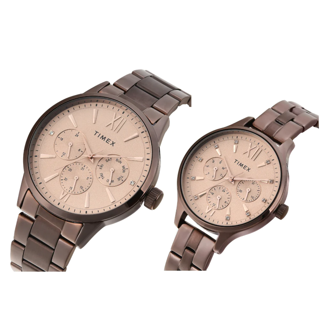 Timex Pairs Rose Gold Round Multifunction Dial Watch- TW00PR306