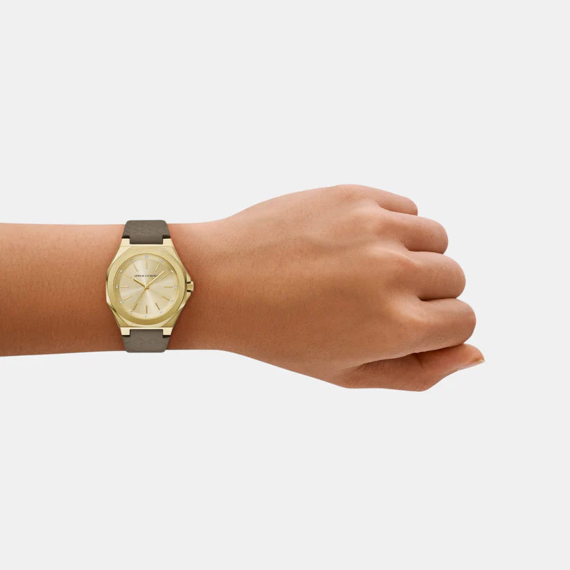 Armani Exchange Women Quartz Gold Dial Analog Leather Watch AX4617