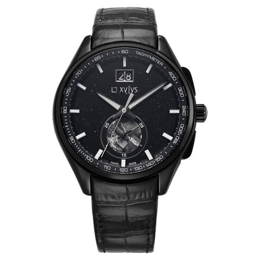 Xylys Swiss Chronograph Black Leather Strap Aventurine Dial Watch For Men 40043nl01